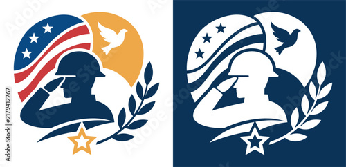 A patriotic military soldier saluting icon design featuring american flag elements and a peaceful dove silhouette symbol