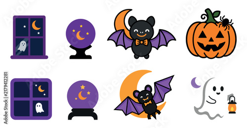 Set of cute halloween themed sticker illustrations featuring a ghost pumpkin bat and crystal ball icon design elements