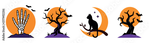 Set of four halloween themed vector illustration designs featuring a spooky skeleton hand tree cat and moon icon