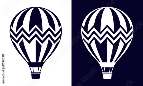 Minimalist hot air balloon icon featuring a chevron pattern design in black and white for travel and tourism concepts