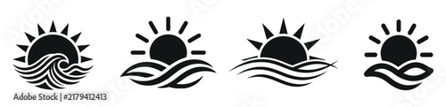 A collection of black sun and ocean wave vector icon designs isolated on a clean white background for web