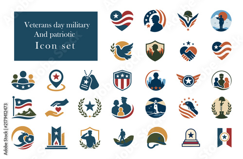 Collection of various military and patriotic themed vector icon designs featuring american flags and soldier silhouettes for graphic projects