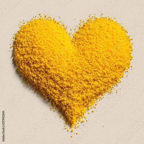 Yellow heart shape created with textured granules on a light beige background, featuring organic edges and a minimalistic design for artistic and decorative use