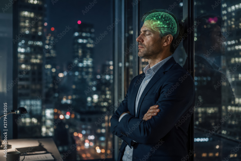 Fototapeta premium Person with Conceptual Brain Visualization During Mental Work in Night Setting