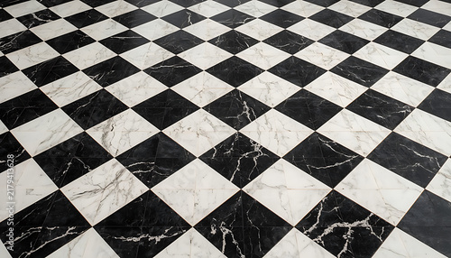 Black and White Checkered Chessboard Pattern with Square Tiles, Marble Texture and Classic Checkerboard Design for Floor, Wallpaper, Table or Decorative Background
