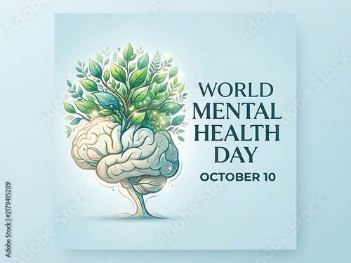 World mental health day concept with a human brain growing into a vibrant tree with green leaves, symbolizing mental growth, wellness, and psychological health