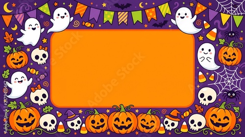 Cute Halloween cartoon frame with ghosts, jack-o'-lanterns, skulls, and festive banners on a purple background.