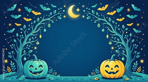 Halloween background frame features smiling pumpkins, flying bats, and moonlit trees.