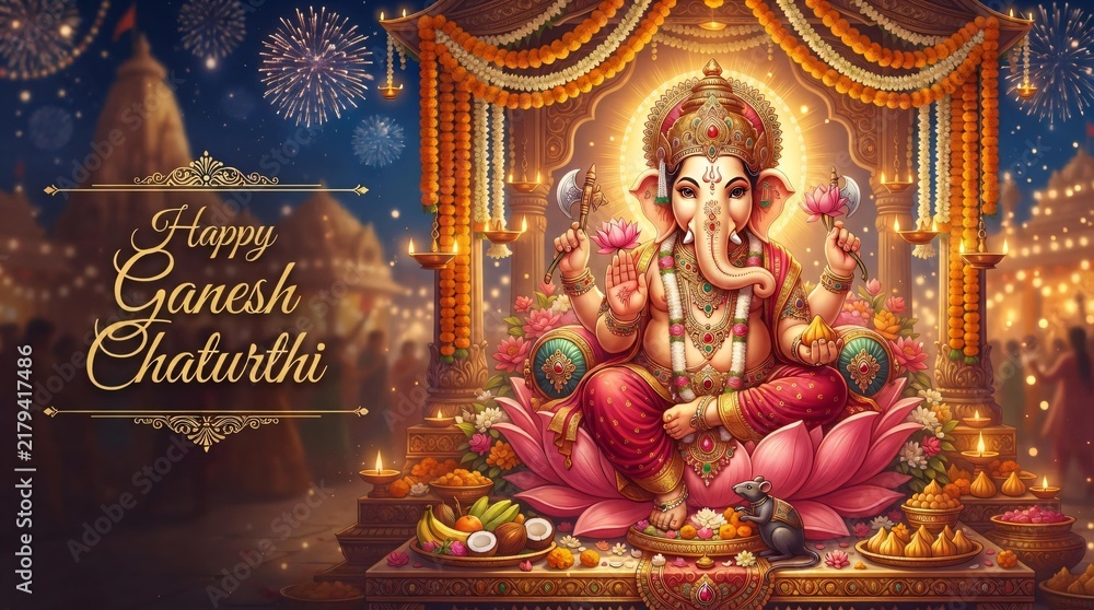 Fototapeta premium Happy Ganesh Chaturthi Greeting with Lord Ganesha, Lotus, Diyas and Festive Lights