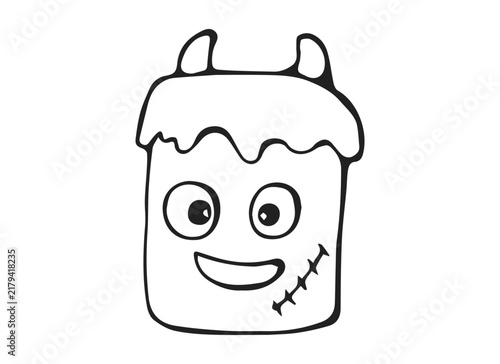 Cute Hand Drawn Halloween Monster Character with Horns Big Eyes and Stitches Line Art Doodle Illustration
