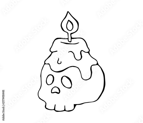 Hand Drawn Halloween Skull with Melting Candle on Top Line Art Doodle Illustration