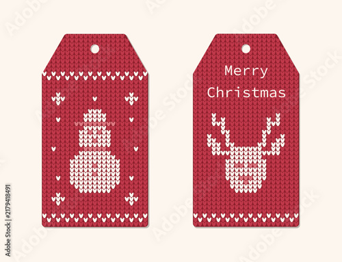 Red Knitted Sweater Pattern Christmas Gift Tags Set with Reindeer and Merry Christmas Lettering Illustration