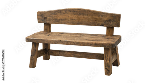 Obraz na płótnie Isolated small rustic wooden bench with weathered texture and backrest transpare