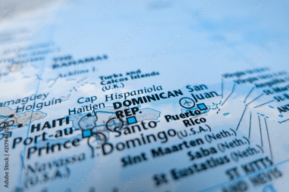 Obraz premium Map of Dominican Republic styled in grey color. Selective focus on label, close-up view