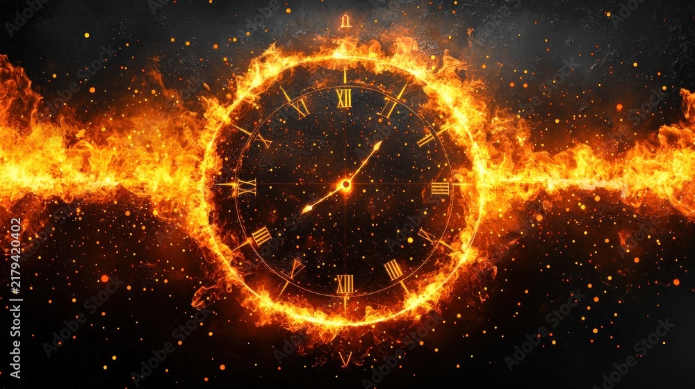 Fototapeta premium Fire engulfs clockface, time burns bright