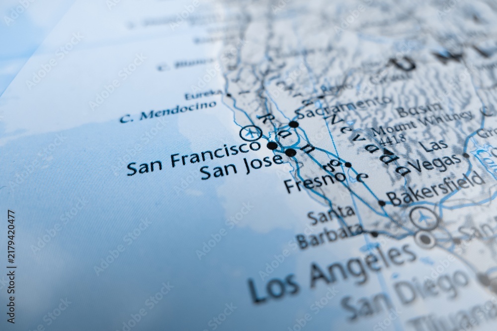 Naklejka premium Map of San Jose styled in grey color. Selective focus on label, close-up view