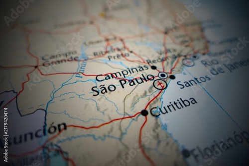 Map of Sao Paulo with round vignette. Selective focus on label, close-up view