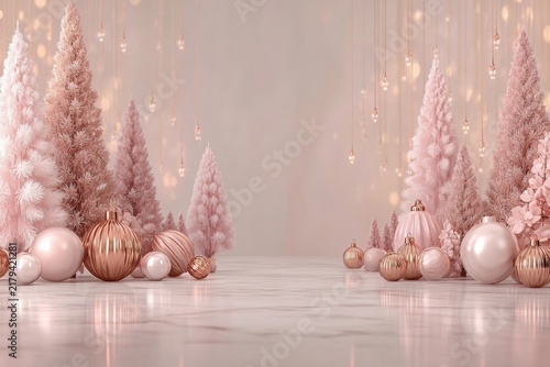Festive rose gold background with pastel pink Christmas trees and shiny ornaments, creating a magical holiday atmosphere perfect for New Year's celebrations and seasonal decor
