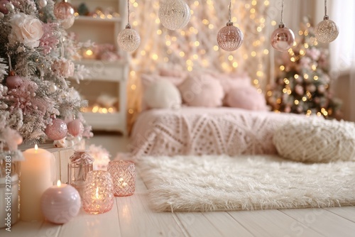 Cozy pink and cream Christmas studio with delicate ornaments, soft textures, and warm lighting, creating a festive atmosphere for New Year's celebrations and holiday gatherings