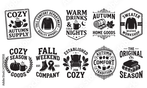 Set of ten black and white autumn season badges and emblems featuring sweaters, pumpkins, hot drinks, boots, scarves, and cozy home goods typography on a white background