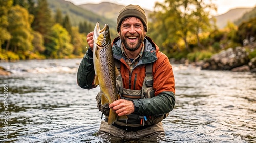 Person holding up caught fish, Middle aged man fishing in river holding trout smiling outdoors  