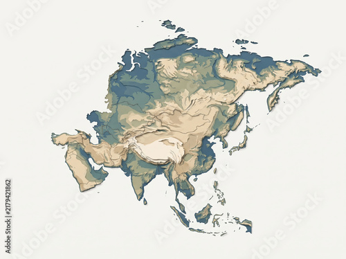 Vintage style physical map of Asia continent with textured background.