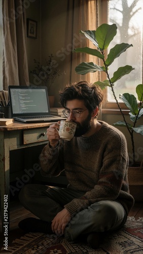 Cozy Home Office: Programmer Taking a Coffee Break While Working Remotely