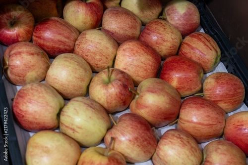 Foto Freshly harvested red and yellow apples arranged in a crate, showing natural color variation and ripe fruit ready for sale, storage, cooking or healthy eating