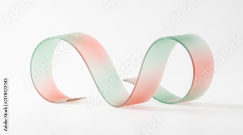 Elegant abstract 3D ribbon forming an infinity loop shape with a smooth gradient transitioning from soft mint green to pastel pink, isolated on a clean white, minimalist geometric