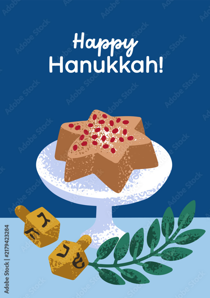 Naklejka premium Happy Hanukkah greeting card design. Hanuka star cake and dreidels, olive branch, traditional Jewish religious holiday food, symbols. Chanukah postcard with dessert. Flat vector illustration