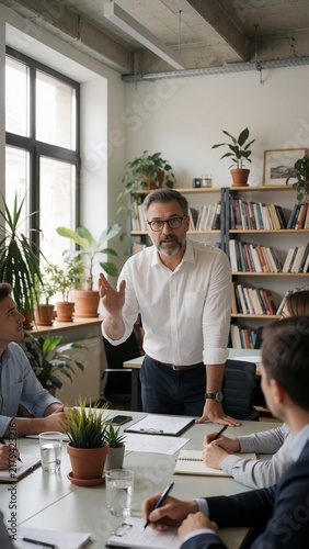 Middle-aged male mentor leading a professional business meeting and group discussion in a bright modern office