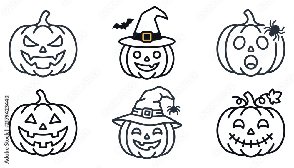 Fototapeta premium Halloween pumpkin line art icon set with spooky jack o lantern faces witch hat bat and spider vector elements