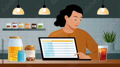Woman reviewing spreadsheet data on laptop in a kitchen setting with jars and drink