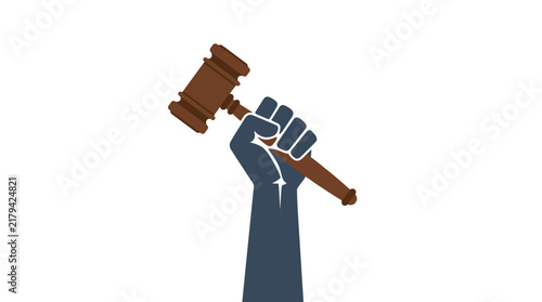 A raised fist holding a wooden judge gavel symbolizing justice law protest and empowerment