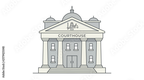 Flat vector illustration of a classical courthouse building with pillars and dome representing justice and the legal system