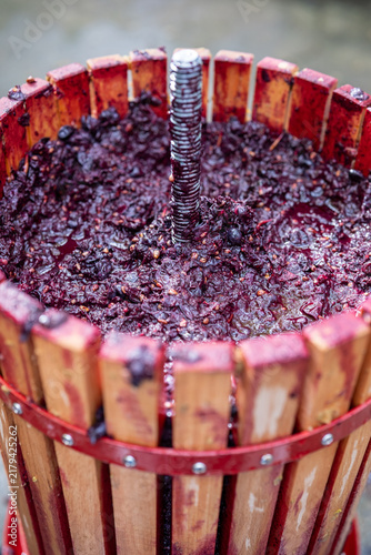 Cuadro en lienzo Vintner presents historic wooden wine pressing machinery amidst picturesque outd