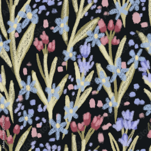 Pastel Wildflower Meadow Seamless Pattern  Artistic hand-drawn pattern featuring textured oil pastel and crayon botanicals.
Gentle color palette of soft blue blossoms