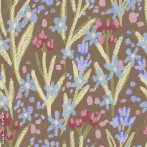 Pastel Wildflower Meadow Seamless Pattern  Artistic hand-drawn pattern featuring textured oil pastel and crayon botanicals.
Gentle color palette of soft blue blossoms