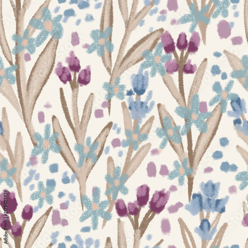 Pastel Wildflower Meadow Seamless Pattern  Artistic hand-drawn pattern featuring textured oil pastel and crayon botanicals.
Gentle color palette of soft blue blossoms