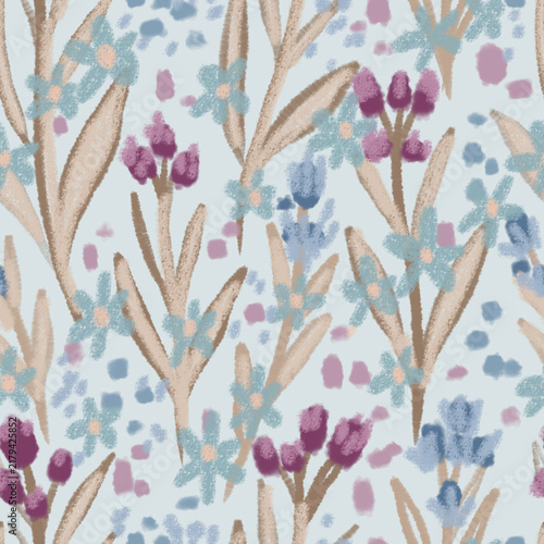 Pastel Wildflower Meadow Seamless Pattern  Artistic hand-drawn pattern featuring textured oil pastel and crayon botanicals.
Gentle color palette of soft blue blossoms