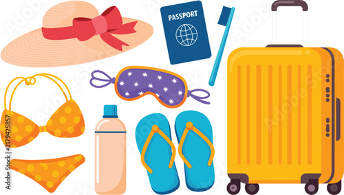 Summer Vacation Travel Essentials Illustration Set with Suitcase, Passport, Beach Hat, Bikini, Flip Flops, Sunglasses and Water Bottle