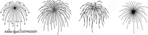 A weeping willow fireworks burst with long drooping trails in black and white line art, isolated on a pristine white background, vector tracing i41bjyn 8.2