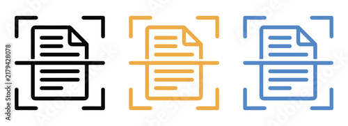 Document Scanning Icons: Three stylized icons depicting document scanning, with lines representing text and corner brackets indicating the scanning area, presented in black, gold, and blue outlines.