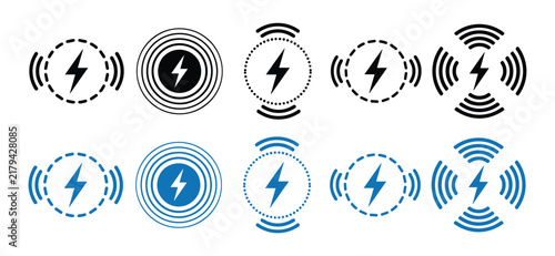 Wireless charging icons: A collection of modern, minimalist icons representing wireless charging technology, featuring stylized lightning bolts within concentric circles to signify power transfer.