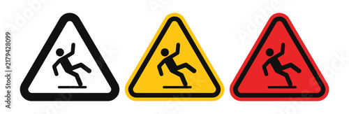 Warning Signs for Slippery Surface: A trio of triangular warning signs in black, yellow, and red, each depicting a stick figure slipping on a wet surface, indicating caution and potential hazard.