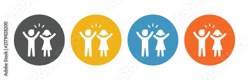 Teamwork icons in Circles: A collection of four circular icons featuring stylized human figures in different colors, celebrating together with raised hands, symbolizing collaboration and achievement.