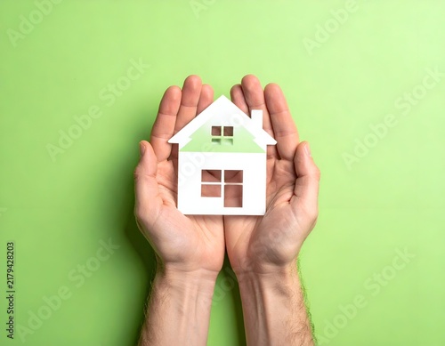 Hands cupping a small, white paper house, a green background beneath