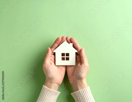 Hands cradling a small white house cutout against a pastel green background