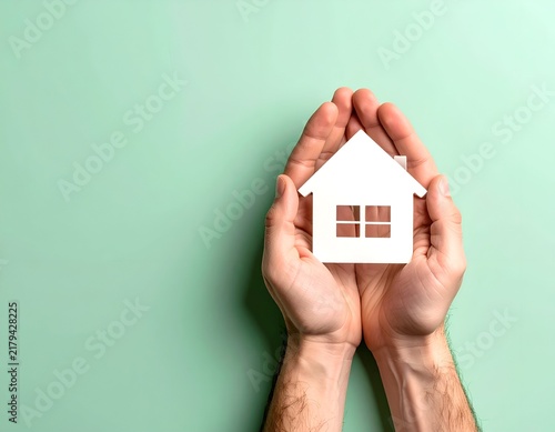 Two hands cradle a white paper cutout of a house against a light green backdrop