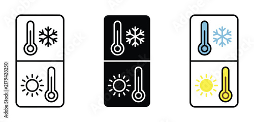 Temperature Contrast Icons: A set of three icons illustrating temperature contrast, featuring thermometers with symbols for cold (snowflake) and hot (sun), representing climate conditions.
